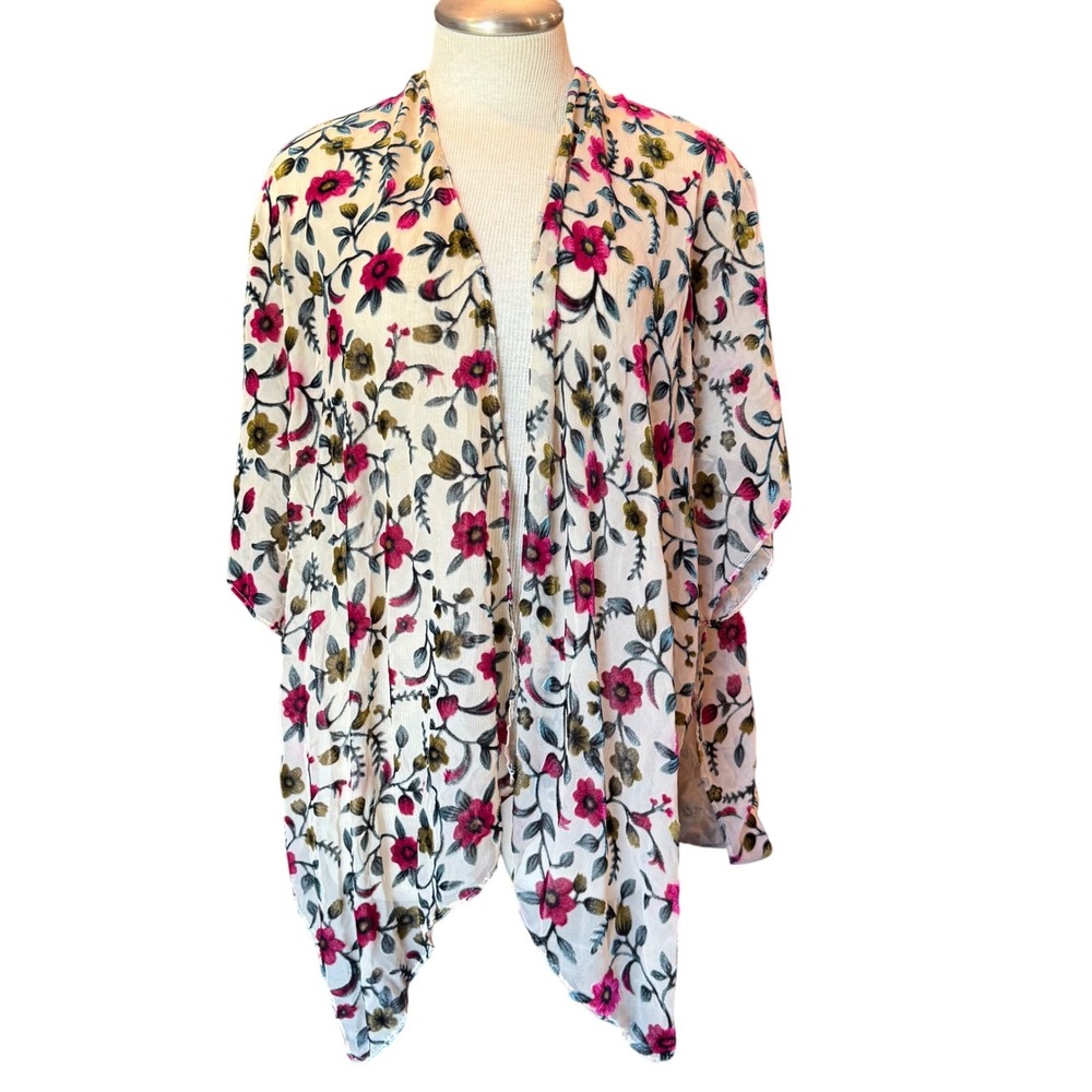 Kori America Floral Kimono Topper Open Front Velvet Sheer Lightweight Size M/L‎